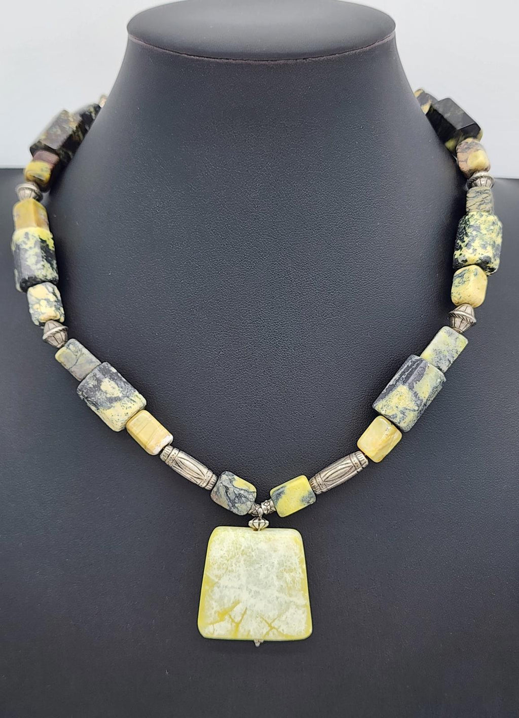 Yellow Turquoise Yellow Jade Pendant Necklace 21" Black Matrix Southwest Heavy