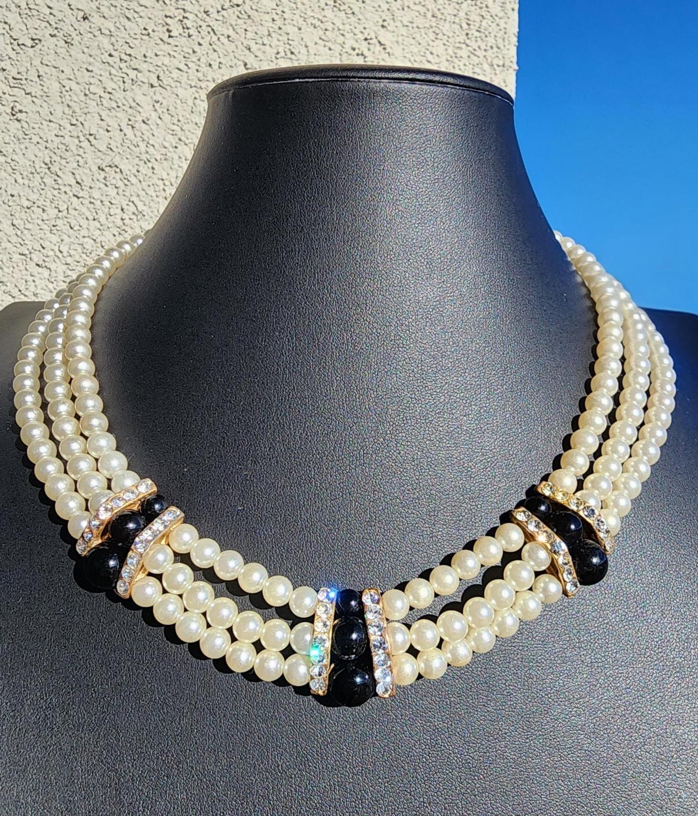 Vintage 3 Strand Pearl Necklace | Mid-Century Black Cabochon & Rhinestone Choker