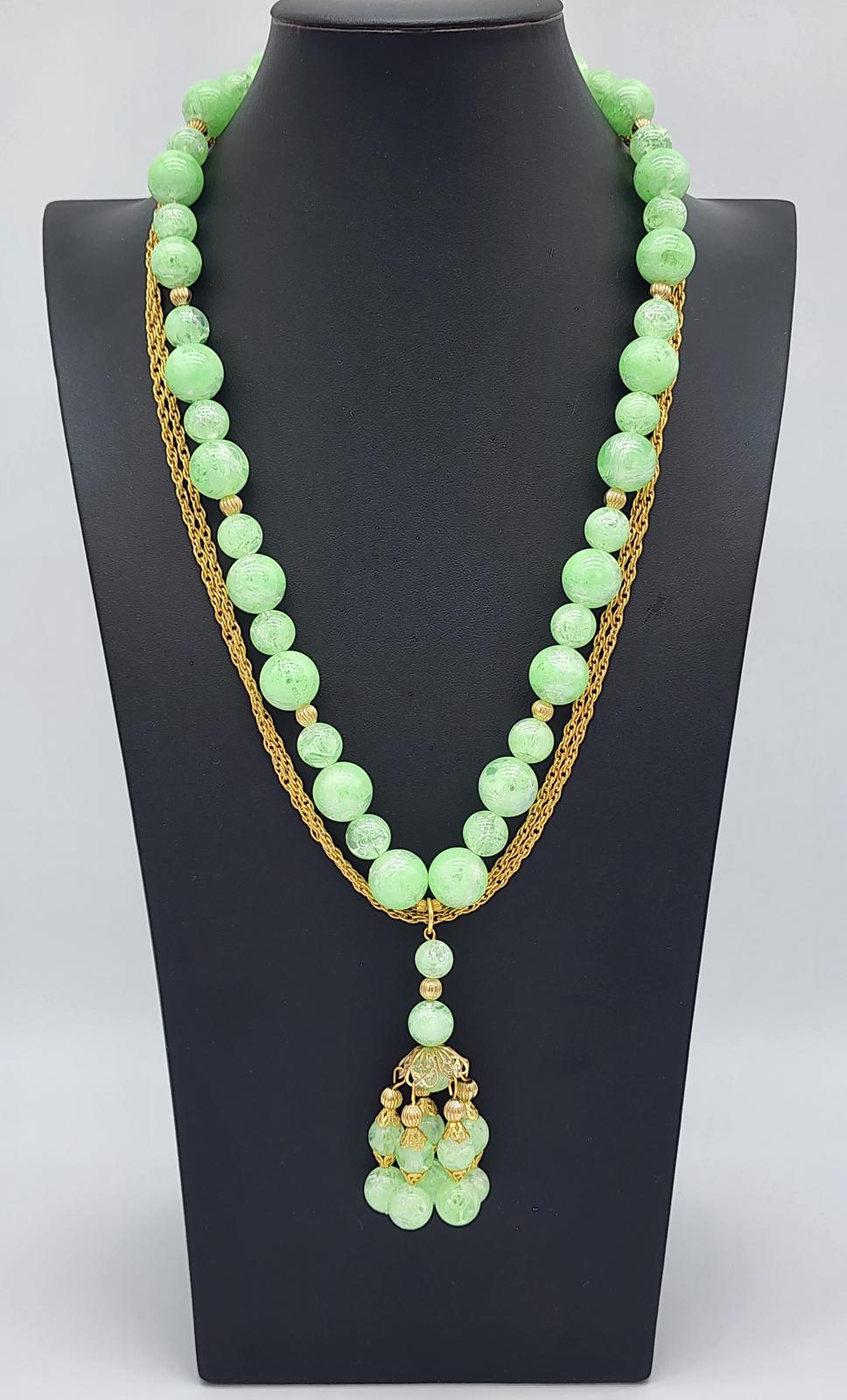 Lucite Peking Glass Style Jade Green & Gold Tone Necklace Lavalier Pendant