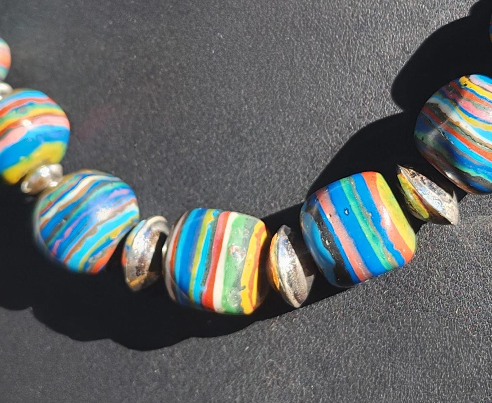 Running Bear Signed Sterling Rainbow Calsilica Bead Necklace Navajo Pearls 22in