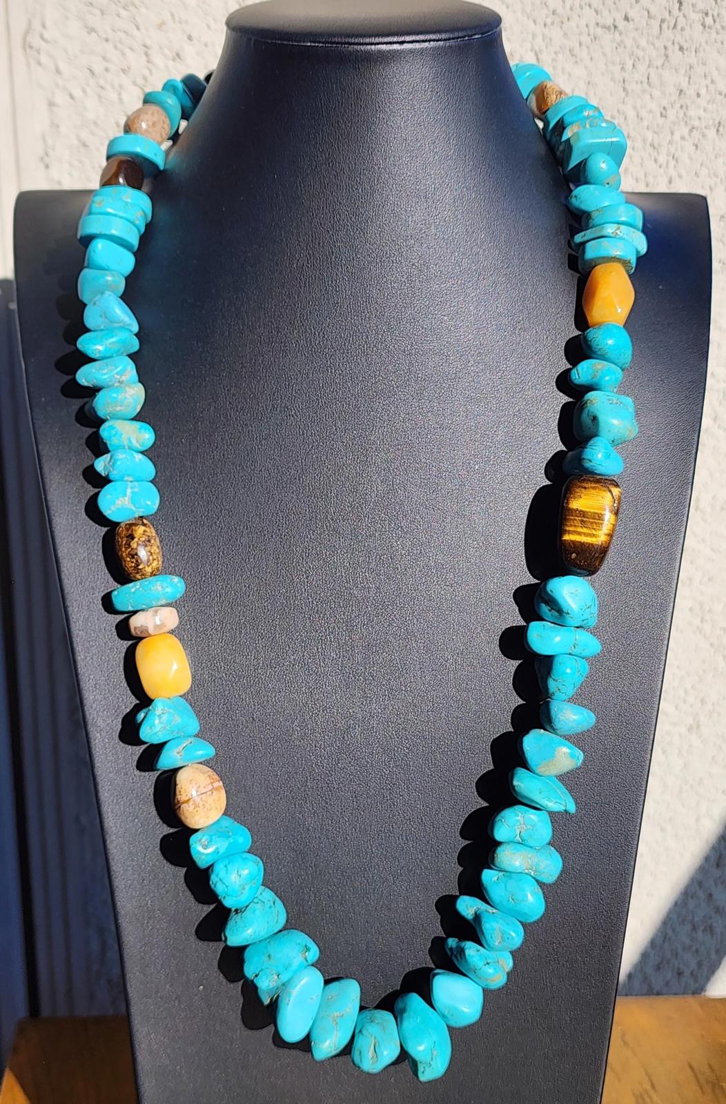 Genuine Chunky Turquoise Southwest Necklace Silver 925 w Tiger’s Eye 284g