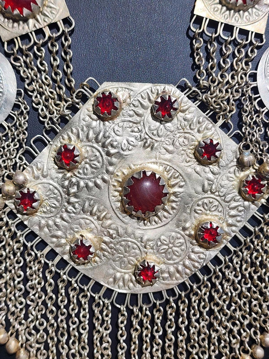 Vintage Turkmen Tribal Silver Carnelian Necklace 344g 11 Pendants Afghan Kuchi