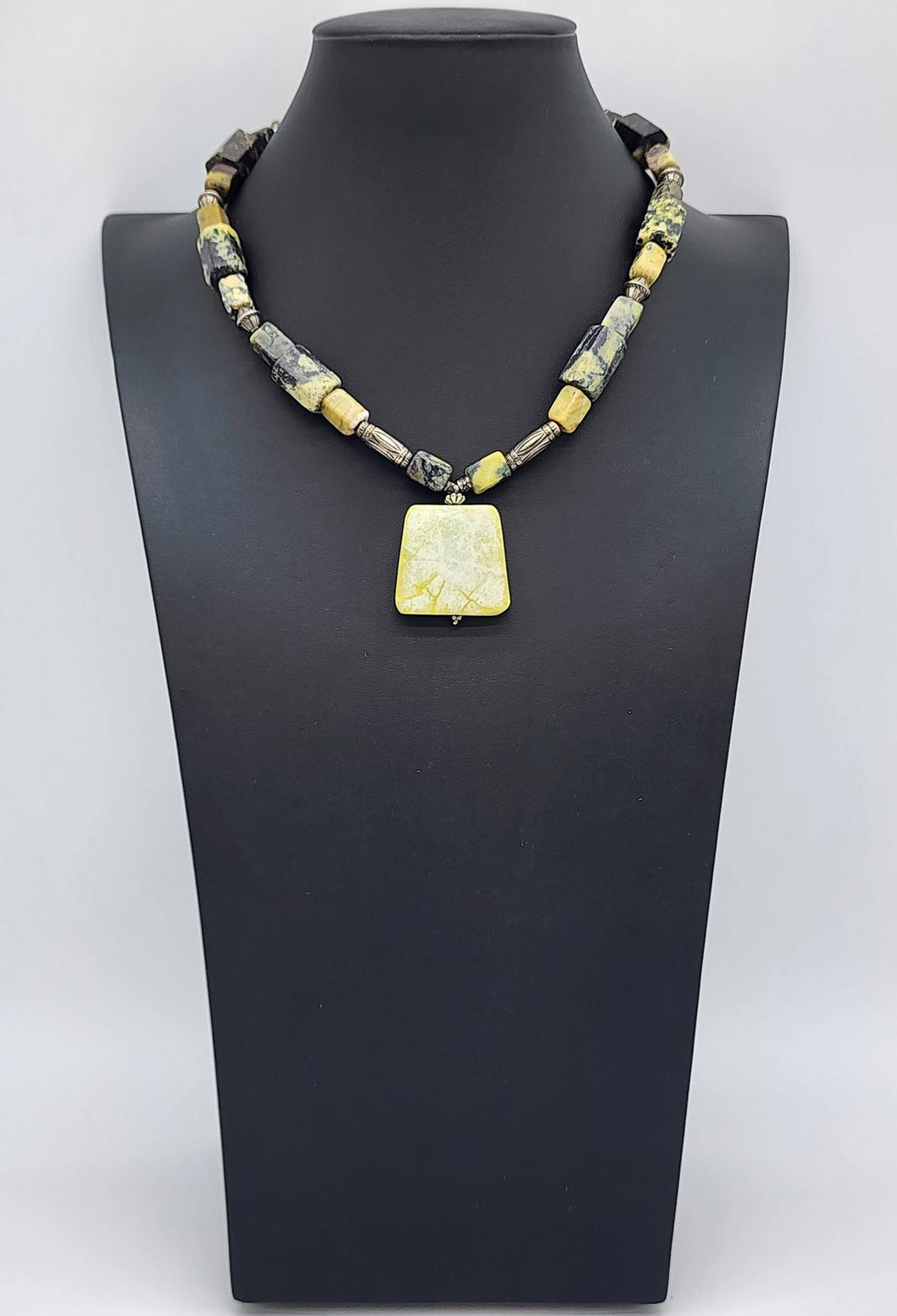 Yellow Turquoise Yellow Jade Pendant Necklace 21" Black Matrix Southwest Heavy