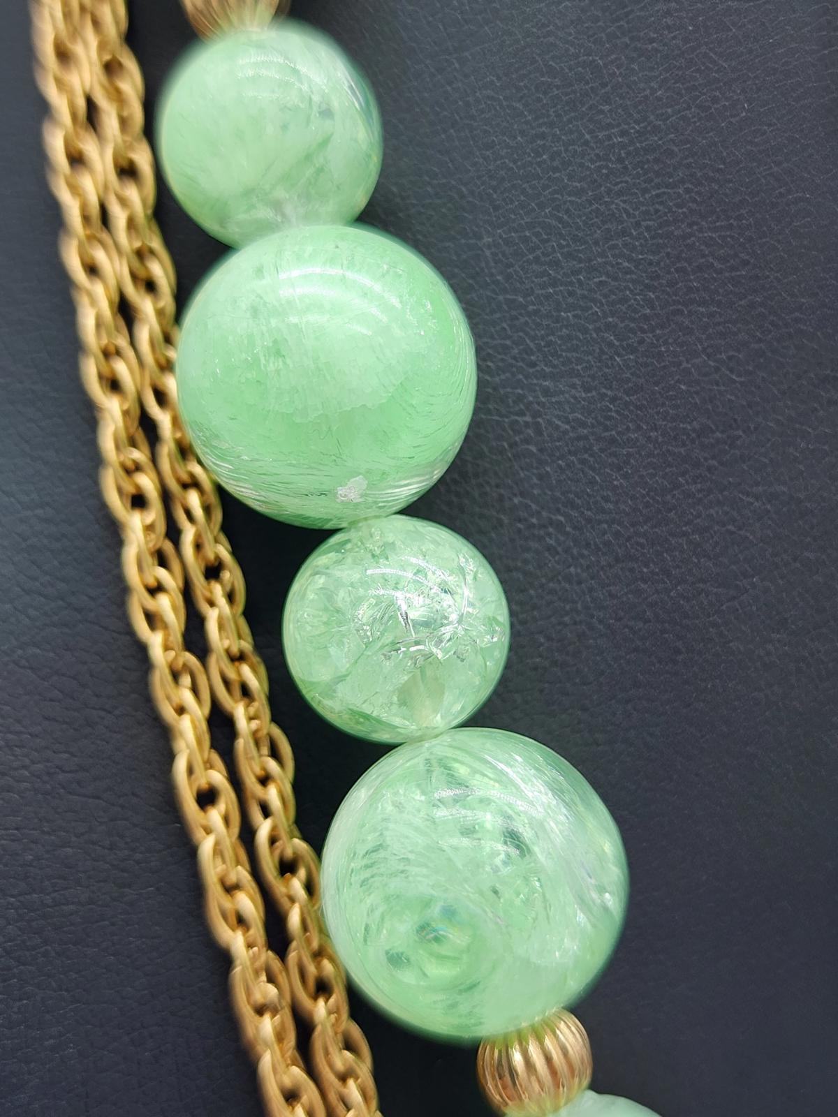 Lucite Peking Glass Style Jade Green & Gold Tone Necklace Lavalier Pendant