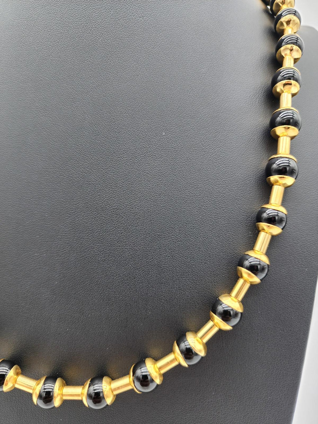 Vintage MMA Met Museum Gold Tone Black Onyx or Glass Bead Necklace Ancient Style