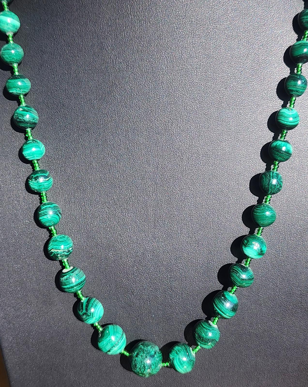 Vtg Natural Malachite Graduated Bead Necklace Deep Emerald Swirling Pattern 100g