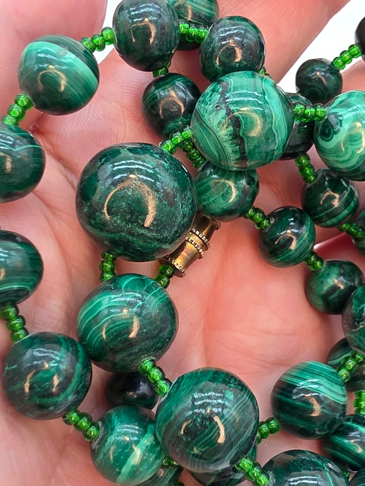 Vintage Natural Malachite Graduated Bead Necklace 26" Green Glass Spacers 100g