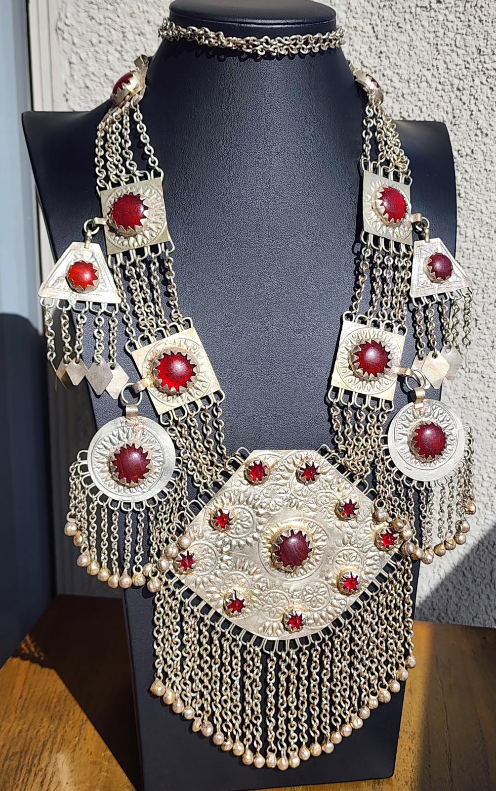 Vintage Turkmen Tribal Silver Carnelian Necklace 344g 11 Pendants Afghan Kuchi