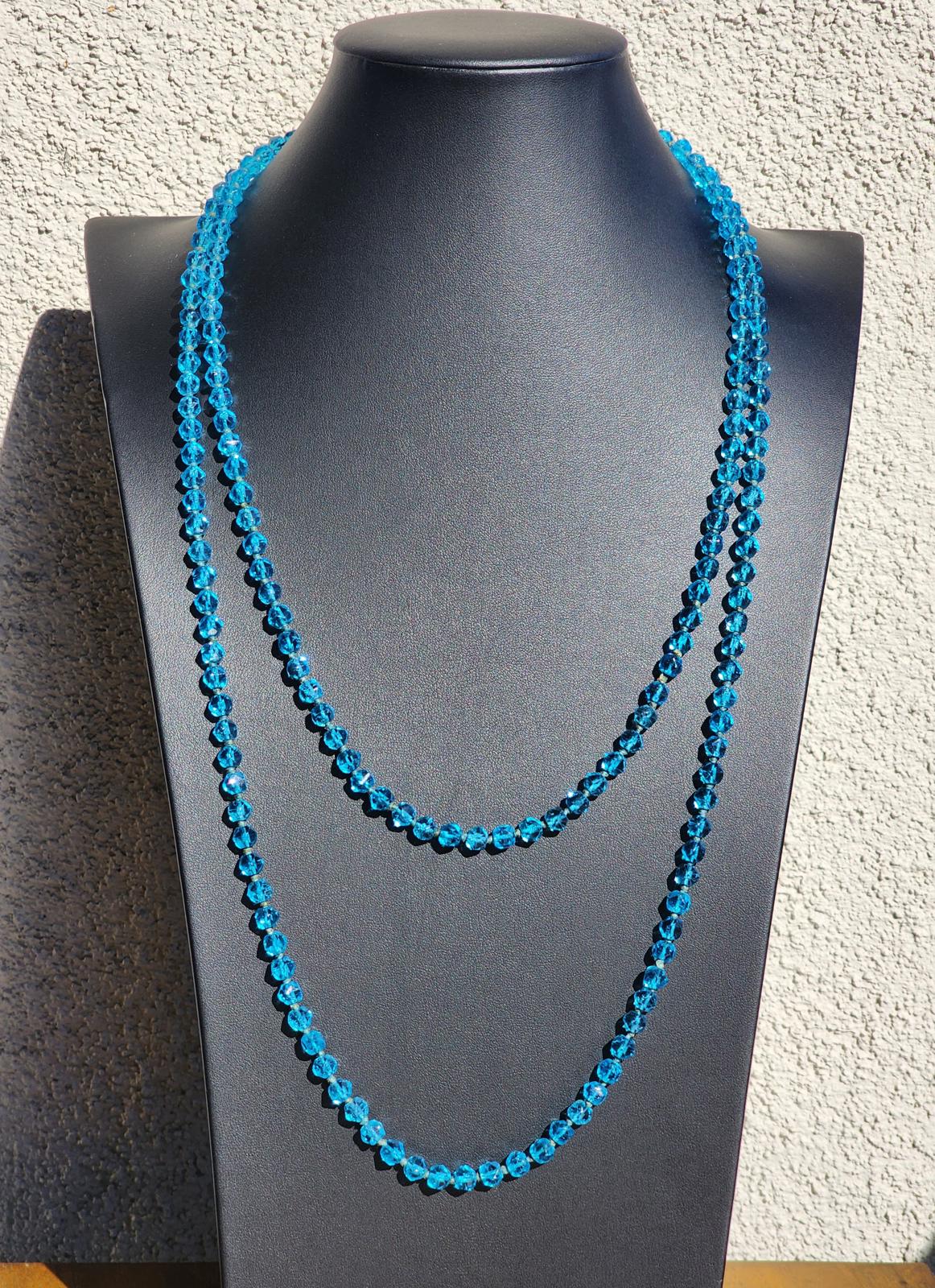Rare Blue Uranium Glass Necklace 56" Flapper UV Czech 1920s Hand Knotted Beads