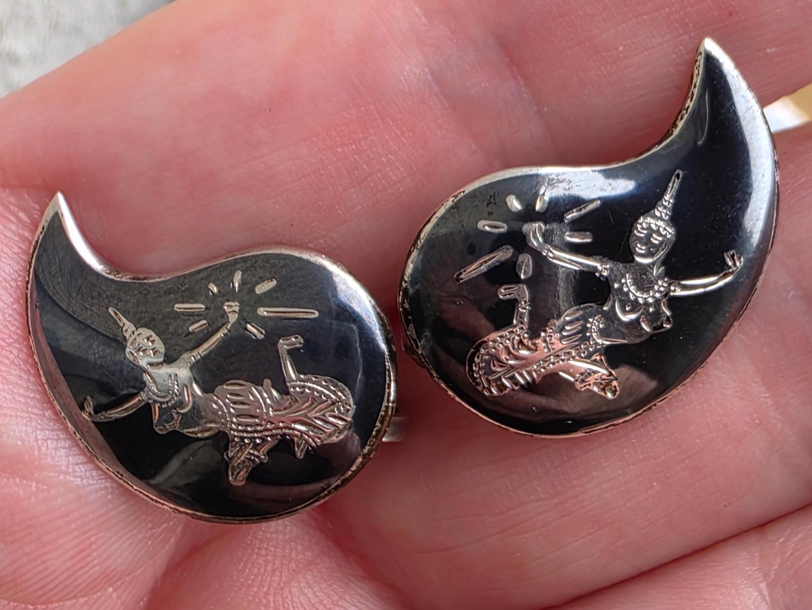 Vintage Siam Sterling Silver Niello Set 7pc 60g Thai Dancers Bracelets Pins