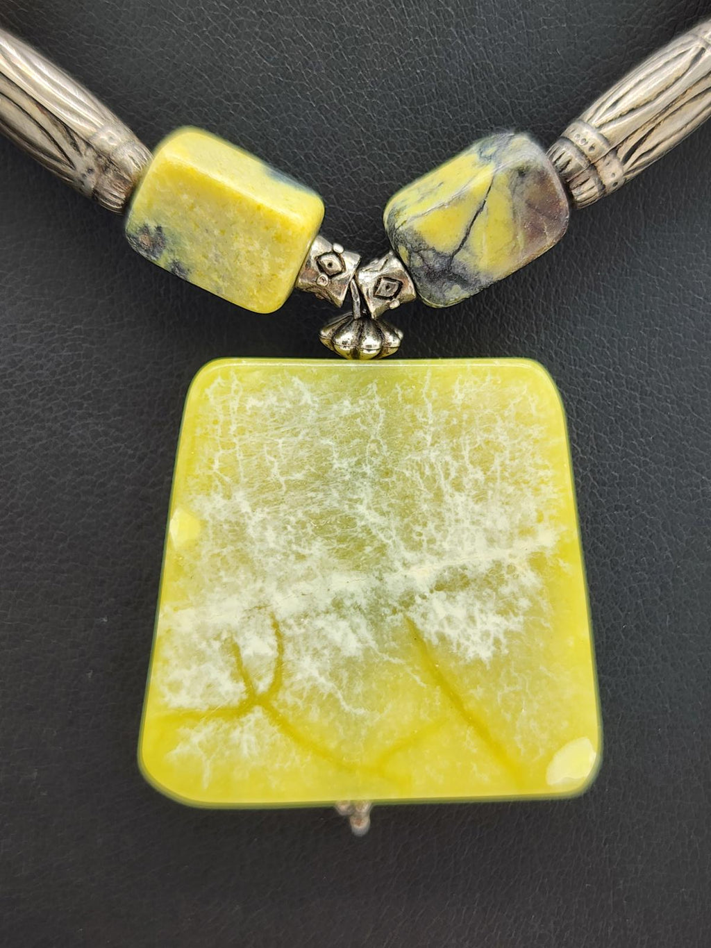 Yellow Turquoise Yellow Jade Pendant Necklace 21" Black Matrix Southwest Heavy