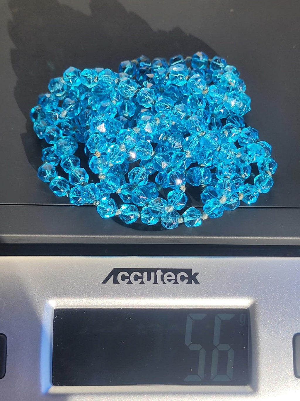 Rare Blue Uranium Glass Necklace 56" Flapper UV Czech 1920s Hand Knotted Beads