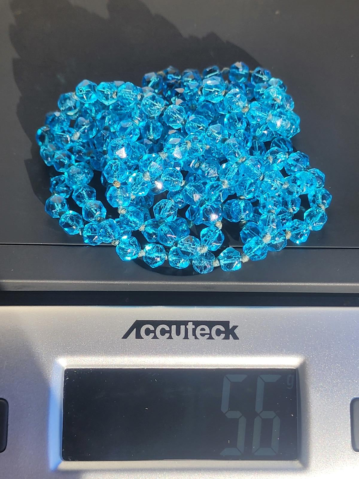 Rare Blue Uranium Glass Necklace 56" Flapper UV Czech 1920s Hand Knotted Beads