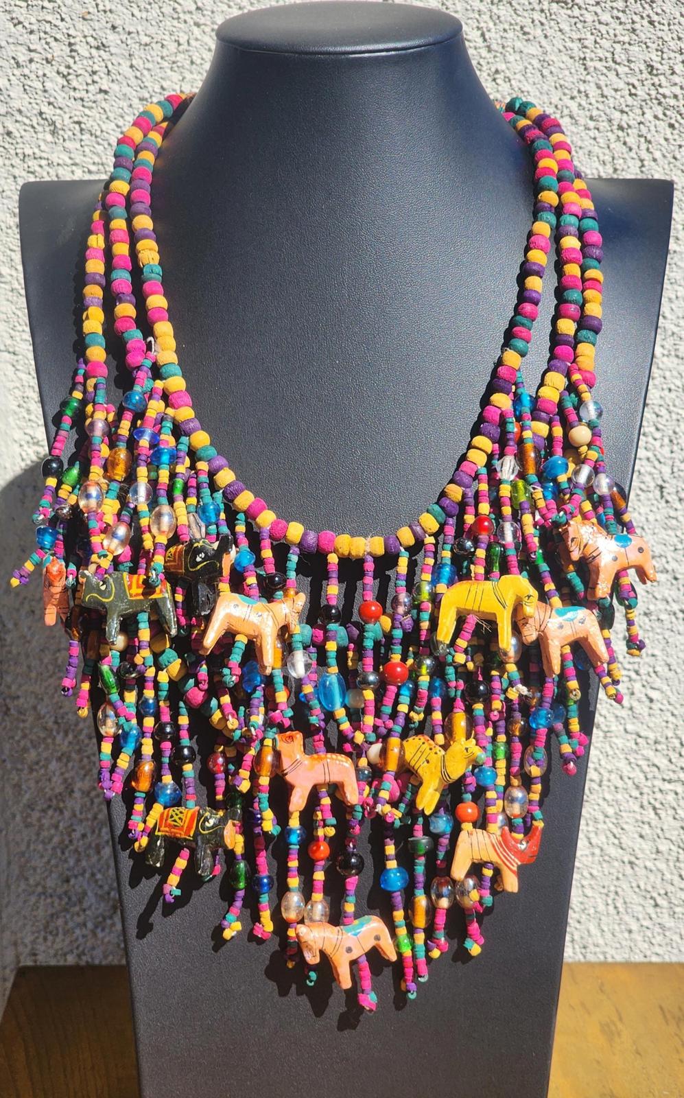 Massive Vintage Nepal Animal & Rainbow Colored Glass Bead Multistrand Necklace