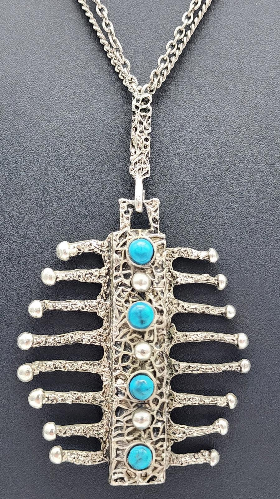 Vintage HMS Madeira Brutalist “Drippy” Pewter & Turquoise Pendant Necklace 1960s