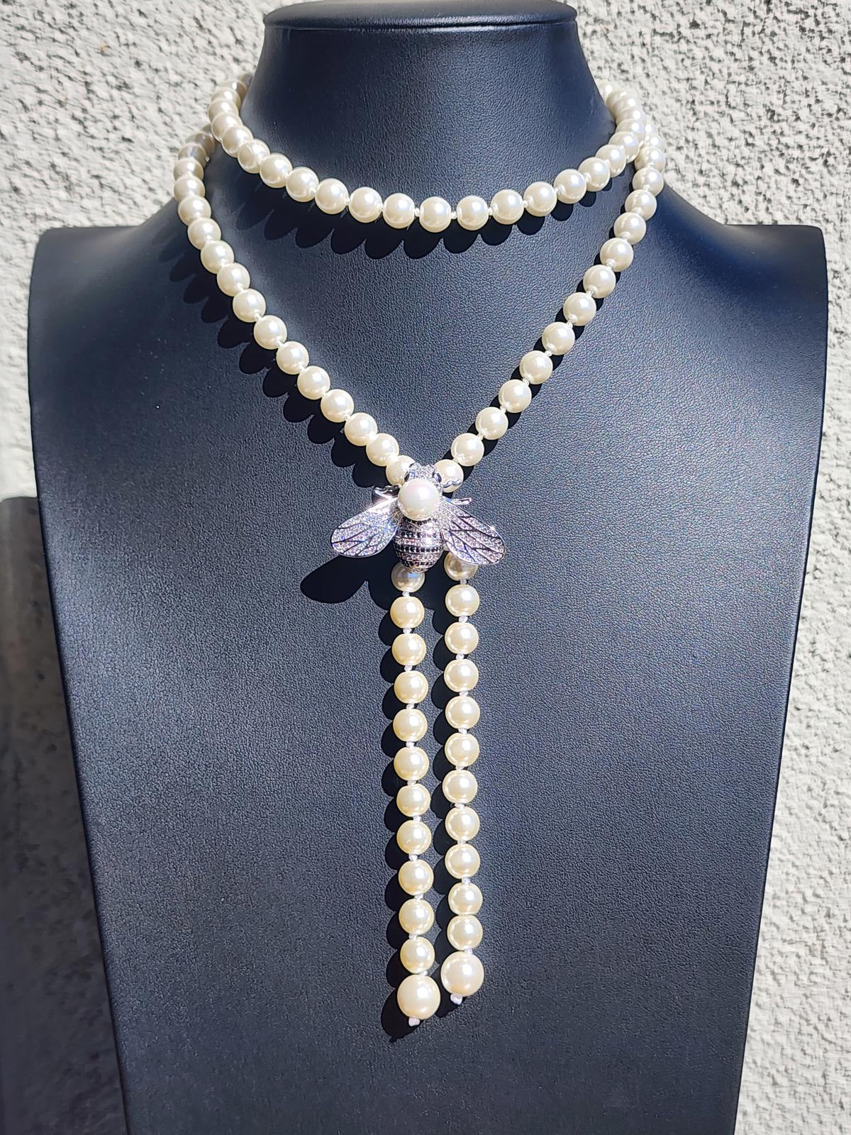 Pearl Necklace with Bumblebee Pendant | Statement Bee Lariat | Couture Inspired