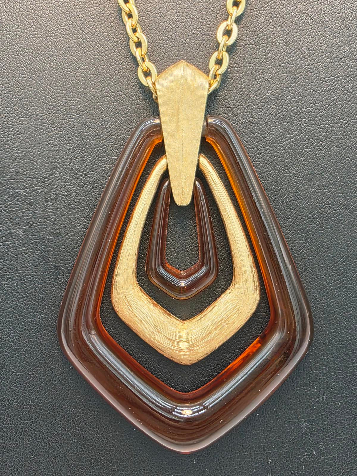 Vtg Avon Tortoiseshell Lucite Necklace 1970 Gold Tone Geometric Pendants & Chain