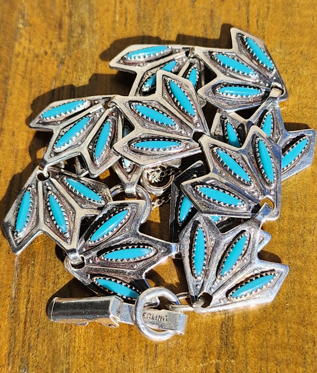 Vintage Zuni Sterling Turquoise Inlay Leaf Link Bracelet Genuine Navajo Silver