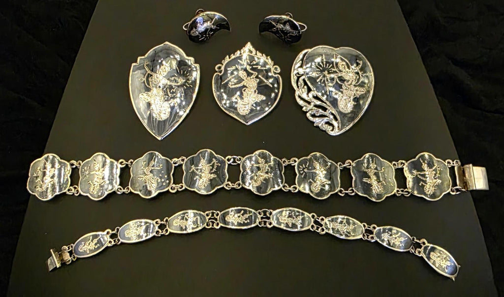 Vintage Siam Sterling Silver Niello Set 7pc 60g Thai Dancers Bracelets Pins