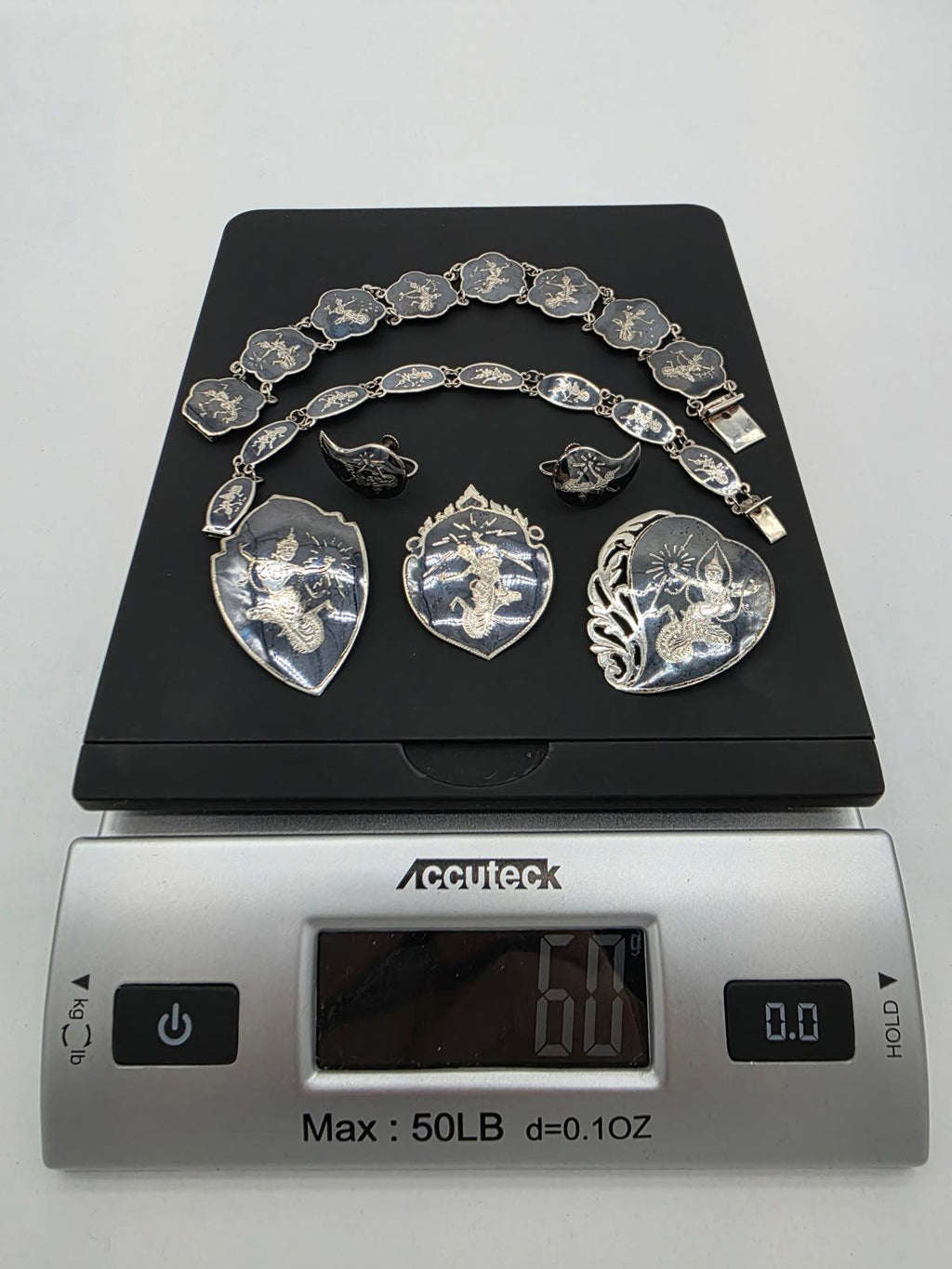 Vintage Siam Sterling Silver Niello Set 7pc 60g Thai Dancers Bracelets Pins