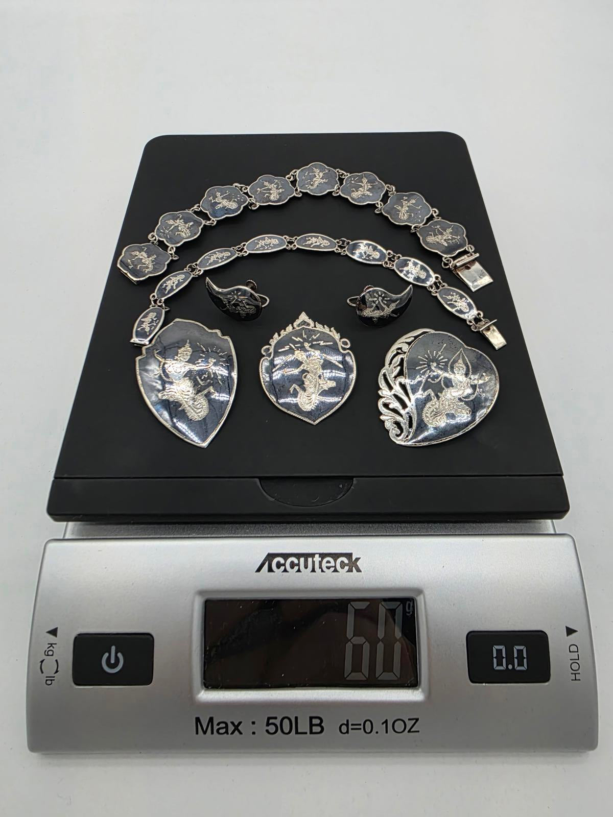 Vintage Siam Sterling Silver Niello Set 7pc 60g Thai Dancers Bracelets Pins