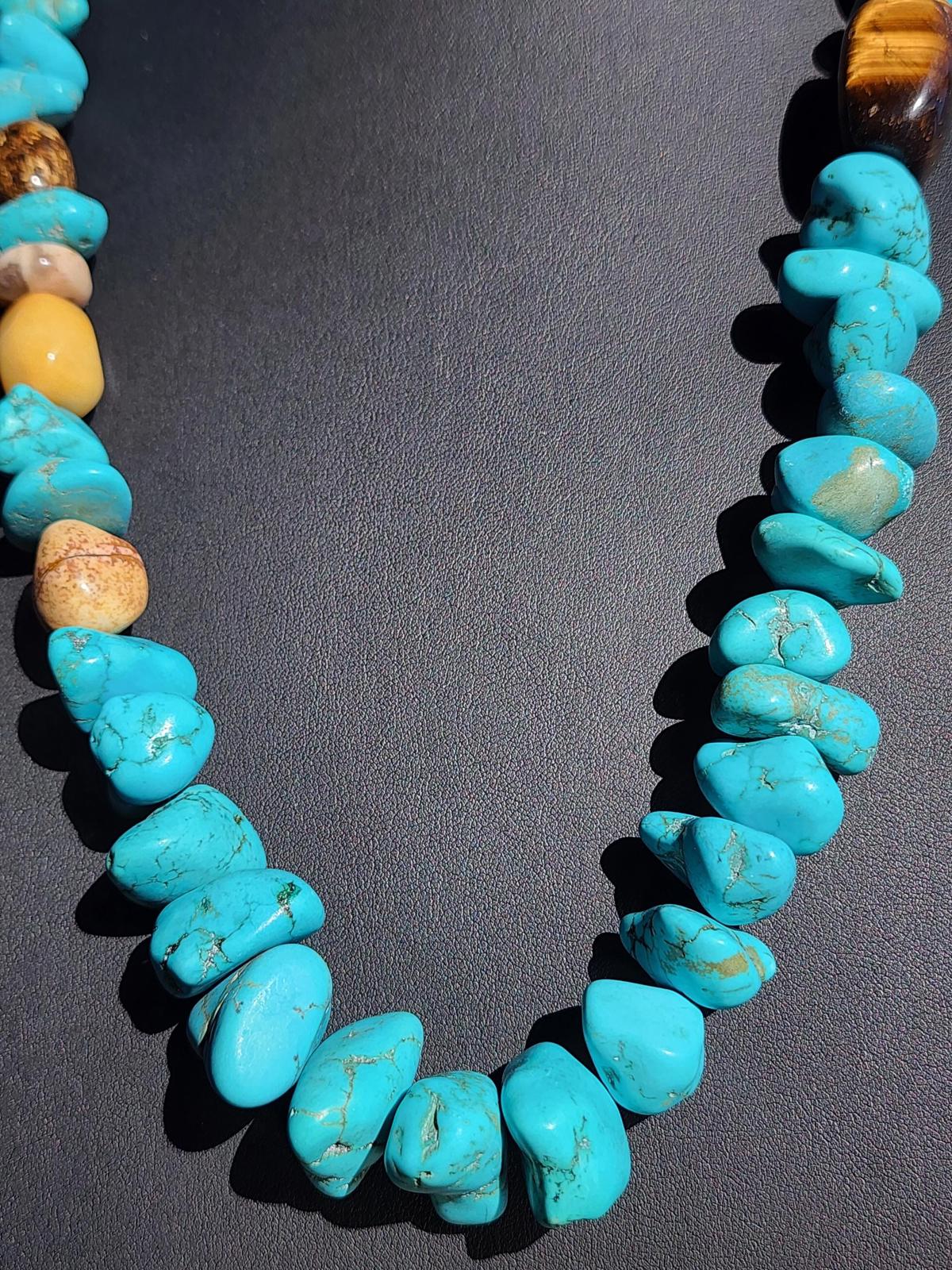 Genuine Chunky Turquoise Southwest Necklace Silver 925 w Tiger’s Eye 284g