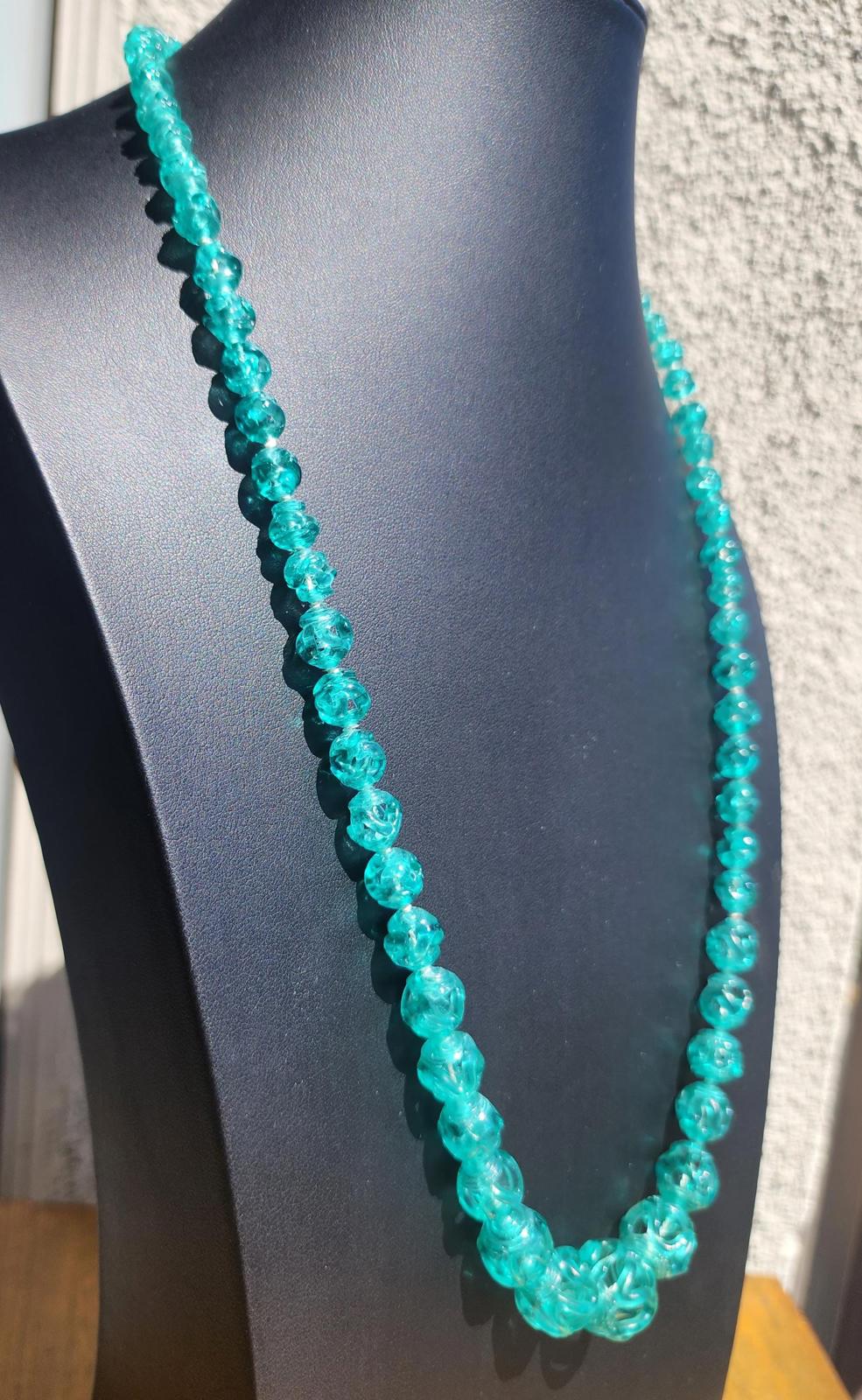 Vintage Carved Turquoise Glass Bead Necklace: 28" Opera Length Statement Jewelry