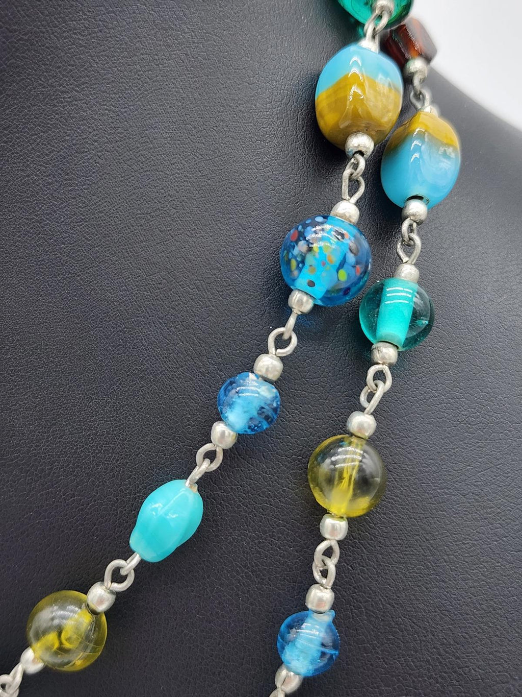 Artisan Lampwork Glass Necklace Murano Style Aqua Teal Blue Y2K Frit Beads