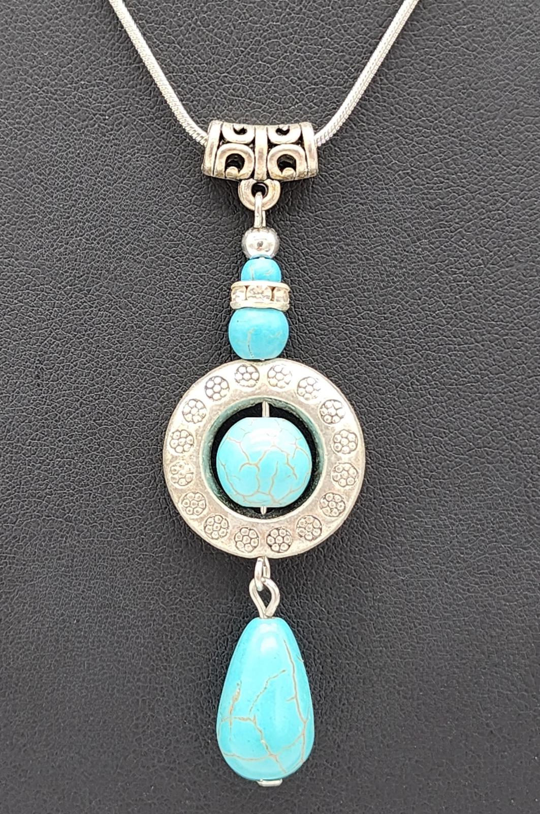 Boho Turquoise Teardrop Pendant Necklace Silver Tone Chain Southwest Jewelry