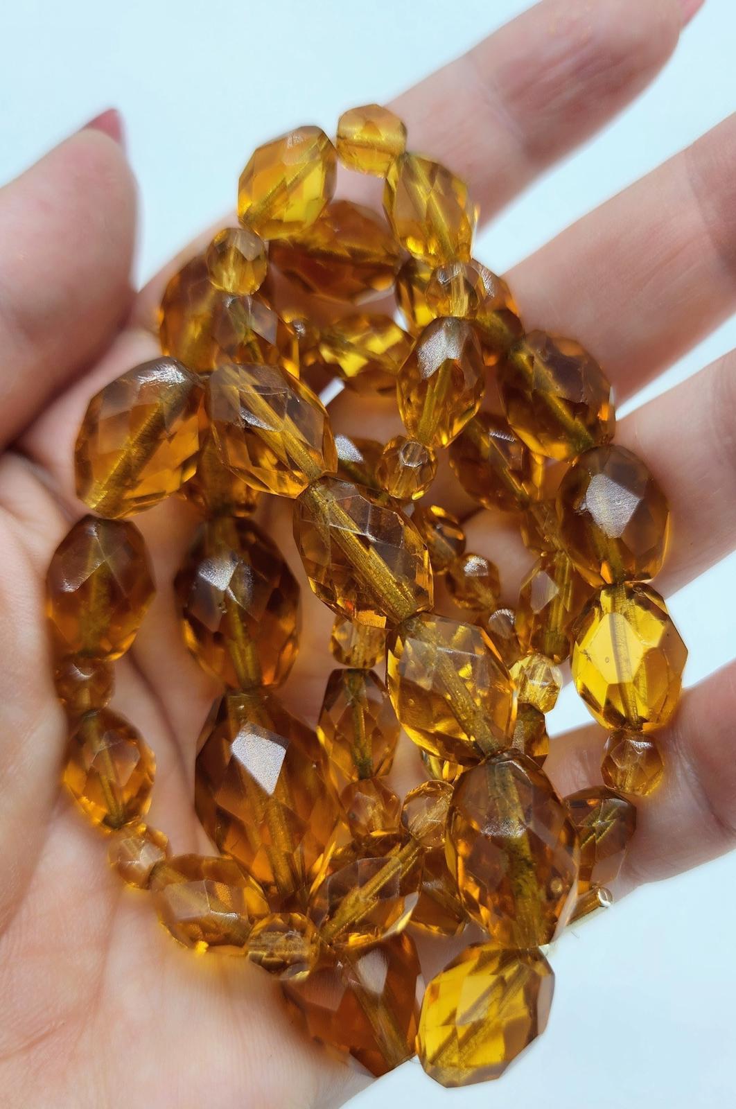 Czech Faceted Amber Glass Necklace | Art Deco 1930's Citrine/Topaz Color 26"