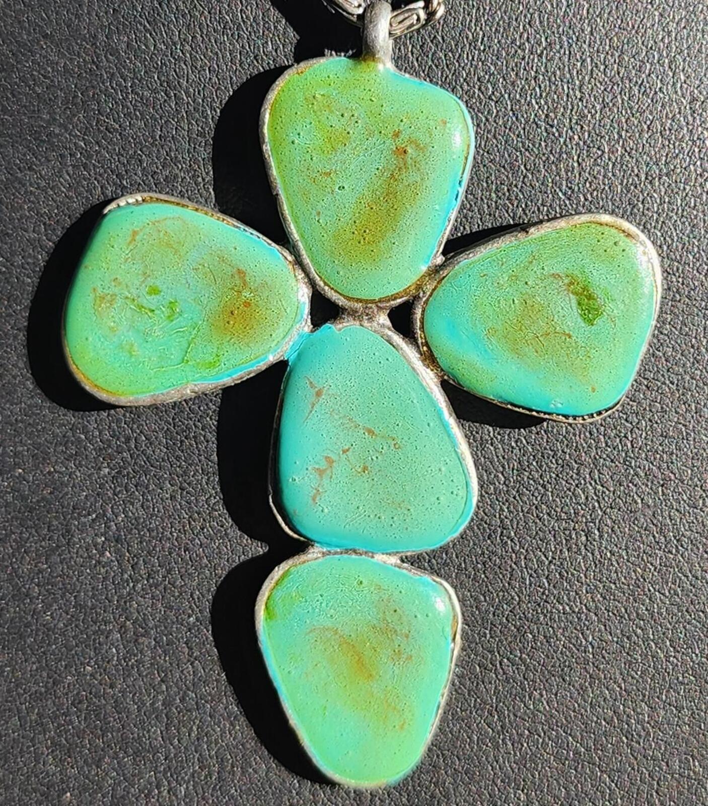 Vintage Ben Amun Signed Turquoise Cross Pendant Necklace w Byzantine Chain